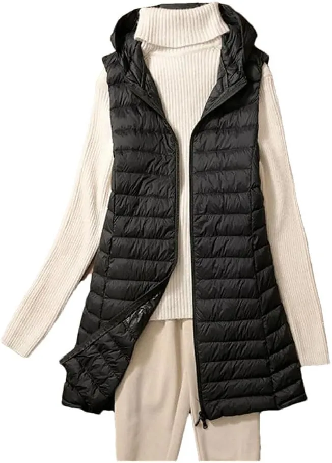 Women Midi Long Lightweightthin Down Vest Women Winter Long Hooded Jackets Slim Waistcoat Casual Basic