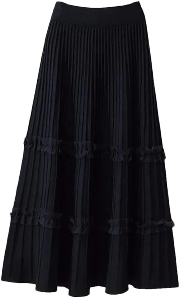 Women Ruffle Knitted Midi Pleated Skirt Autumn Winter High Waist Skirt A-Line Skirt Long Skirt