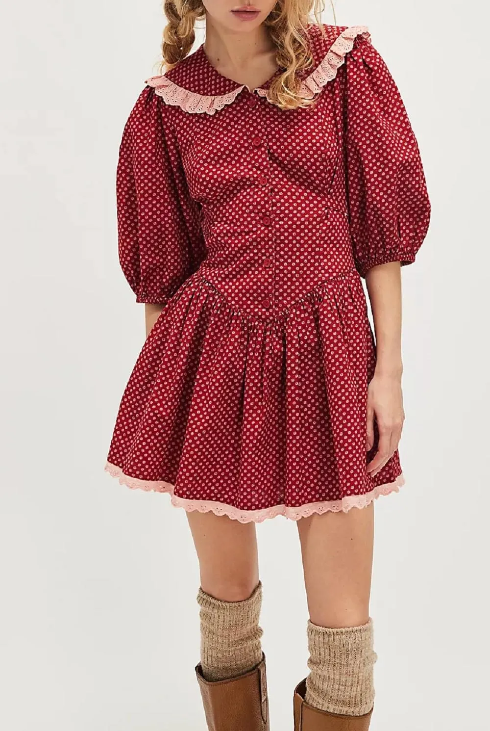 Women Short Puff Sleeve Bustier Dress Lace Trim Ruffle Babydoll Dress Polka Dot Floral A Line Mini Sundress