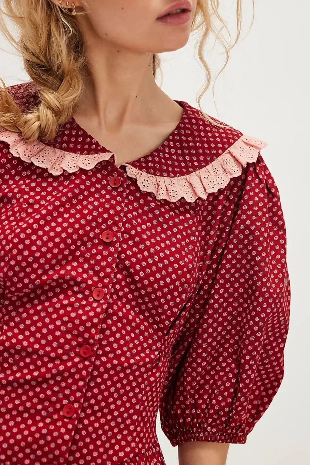 Women Short Puff Sleeve Bustier Dress Lace Trim Ruffle Babydoll Dress Polka Dot Floral A Line Mini Sundress