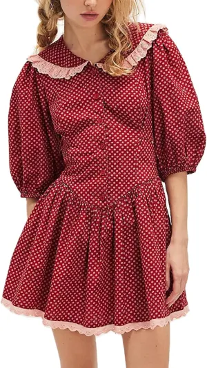 Women Short Puff Sleeve Bustier Dress Lace Trim Ruffle Babydoll Dress Polka Dot Floral A Line Mini Sundress