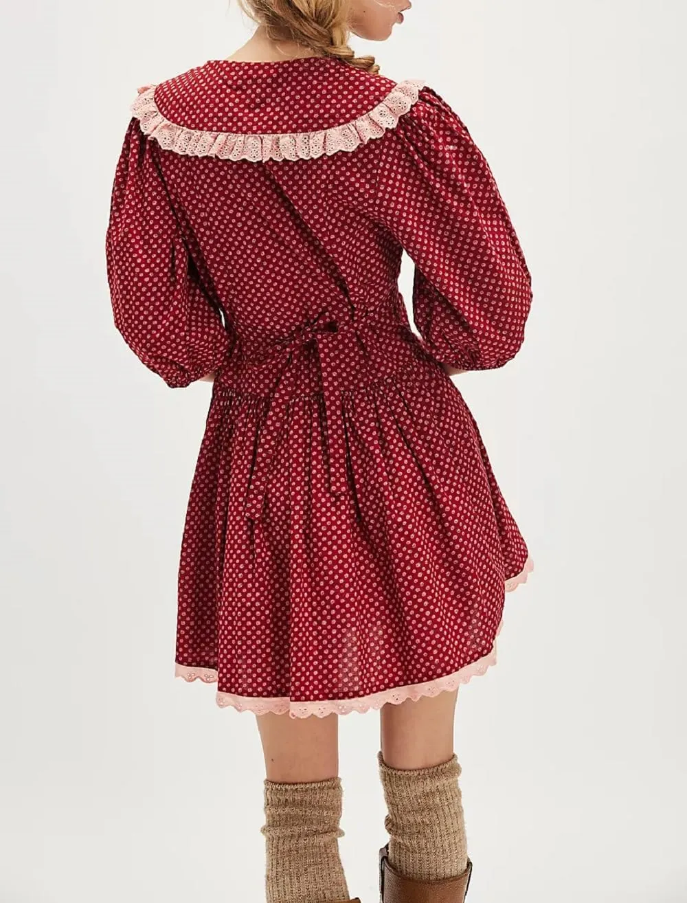 Women Short Puff Sleeve Bustier Dress Lace Trim Ruffle Babydoll Dress Polka Dot Floral A Line Mini Sundress