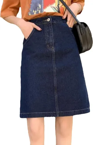 Women Slit Denim Skirts Vintage Solid Office Lady Elegant A-Line Skirt Summer High Waisted Casual Skirt