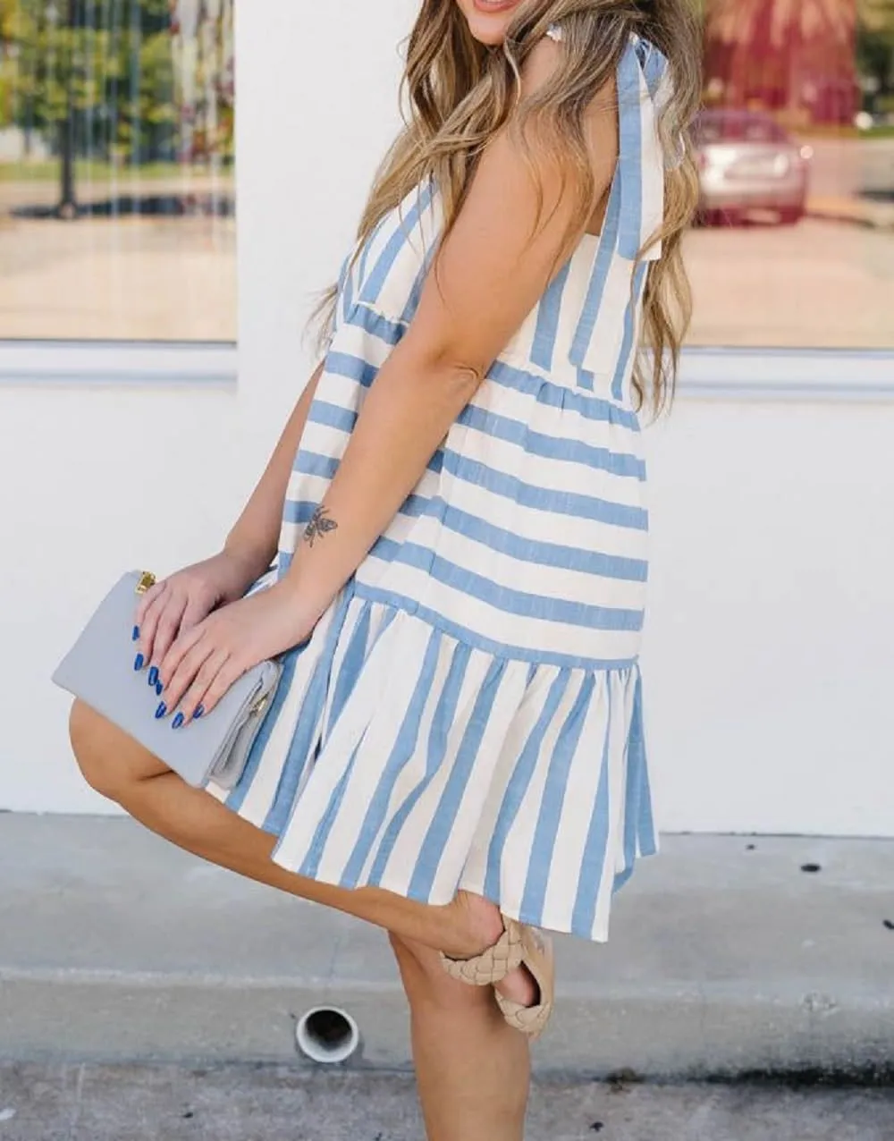 Women Striped Mini Cami Dress Spaghetti Strap Boho Short Dress Tie Shoulder Flowy Sundress Summer Beach Dress