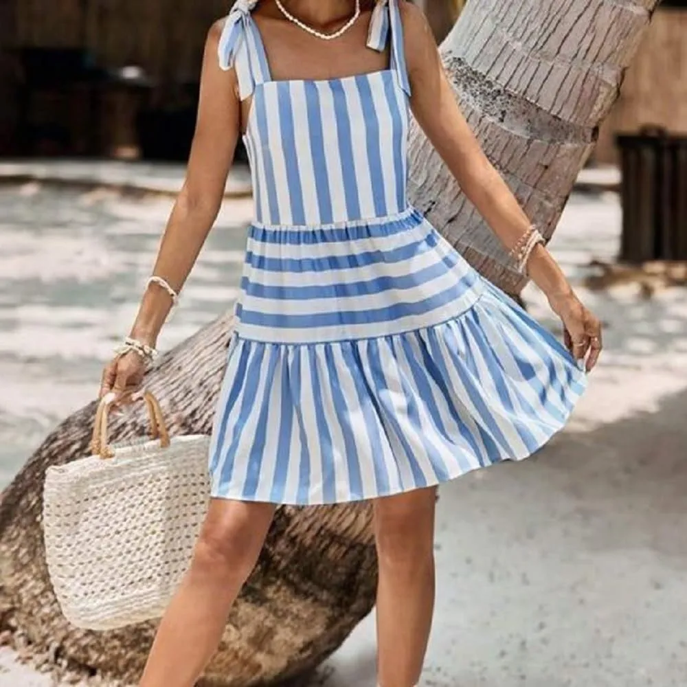 Women Striped Mini Cami Dress Spaghetti Strap Boho Short Dress Tie Shoulder Flowy Sundress Summer Beach Dress