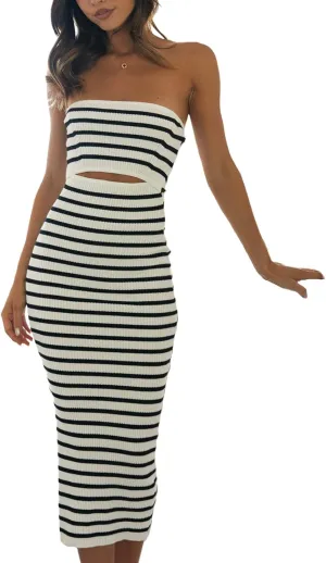 Women Summer Strapless Knitted Tube Dress Off Shoulder Striped Cutout Long Dress Bodycon Backless Beach Sundress