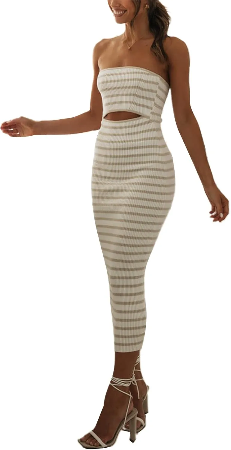 Women Summer Strapless Knitted Tube Dress Off Shoulder Striped Cutout Long Dress Bodycon Backless Beach Sundress