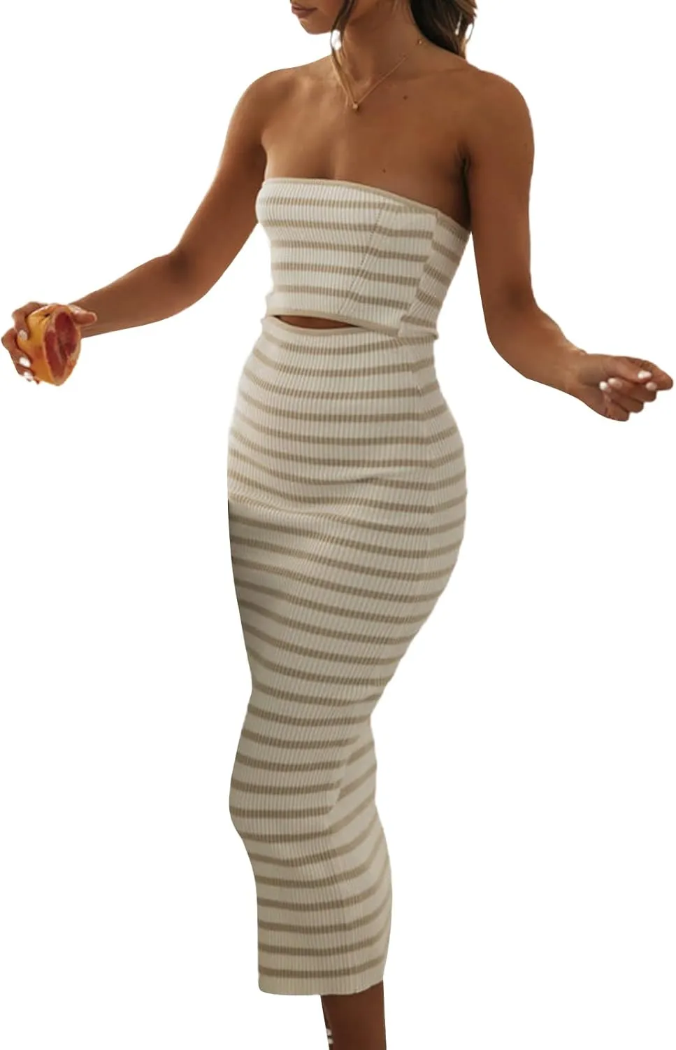Women Summer Strapless Knitted Tube Dress Off Shoulder Striped Cutout Long Dress Bodycon Backless Beach Sundress