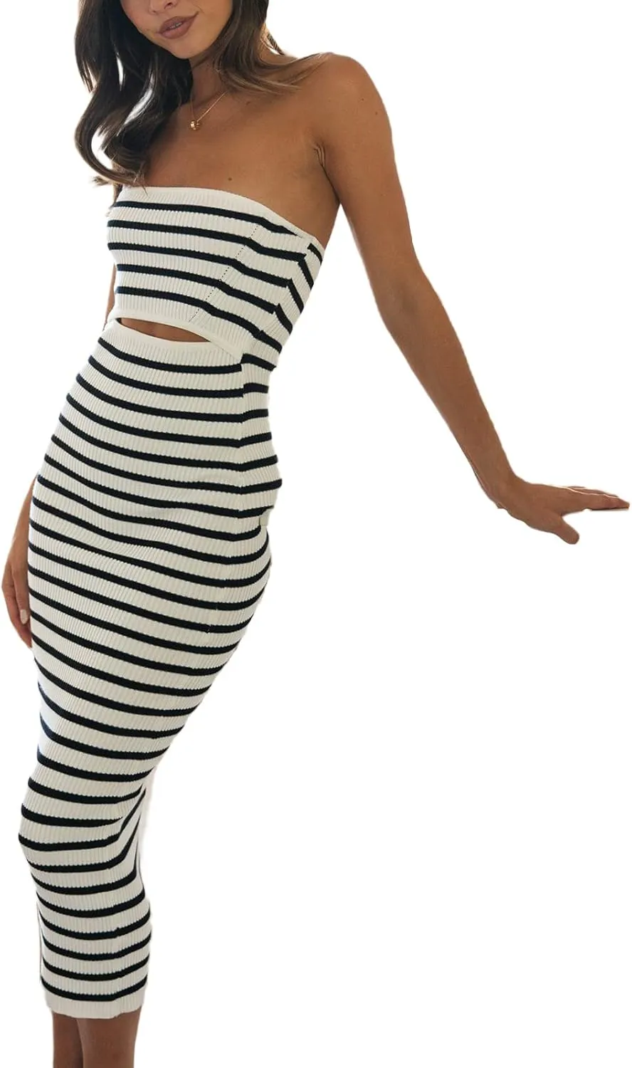 Women Summer Strapless Knitted Tube Dress Off Shoulder Striped Cutout Long Dress Bodycon Backless Beach Sundress