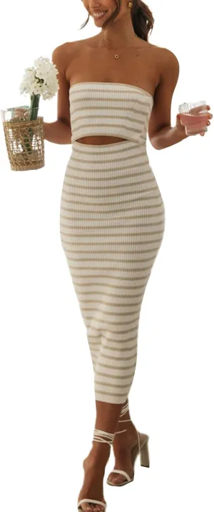 Women Summer Strapless Knitted Tube Dress Off Shoulder Striped Cutout Long Dress Bodycon Backless Beach Sundress