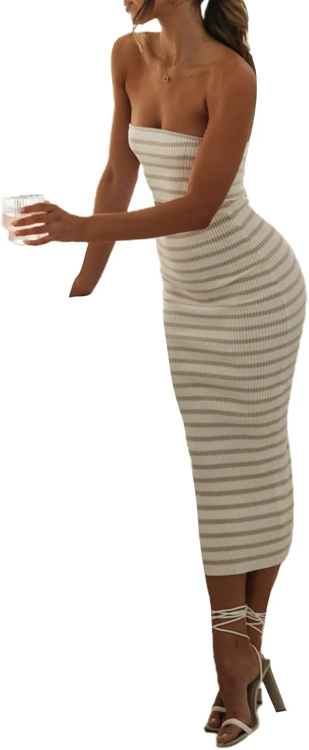 Women Summer Strapless Knitted Tube Dress Off Shoulder Striped Cutout Long Dress Bodycon Backless Beach Sundress
