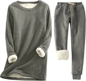 Women Warm Pajama Set Fleece Lined Long Sleeve Crewneck Sweatshirt Pullover Thicken High Waist Pants Loungewear