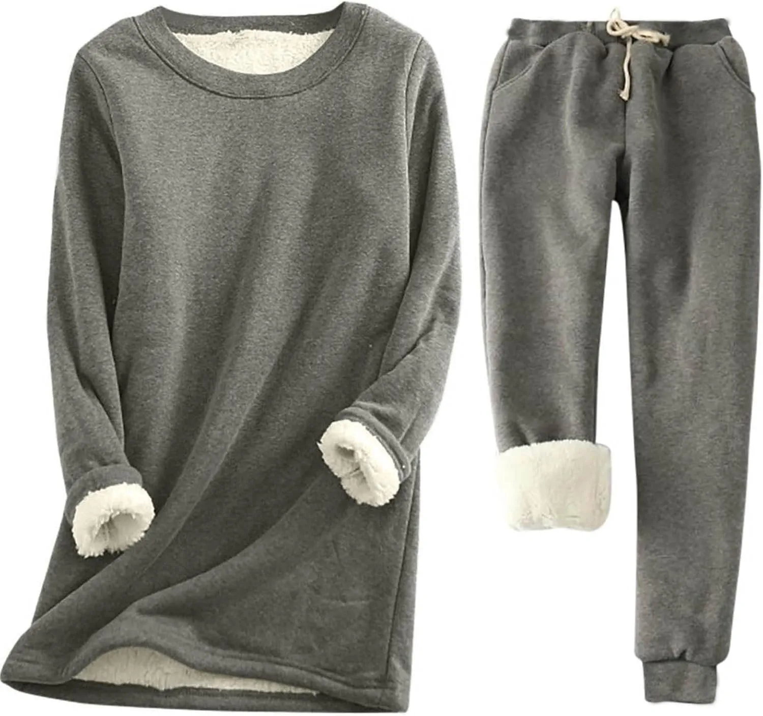 Women Warm Pajama Set Fleece Lined Long Sleeve Crewneck Sweatshirt Pullover Thicken High Waist Pants Loungewear