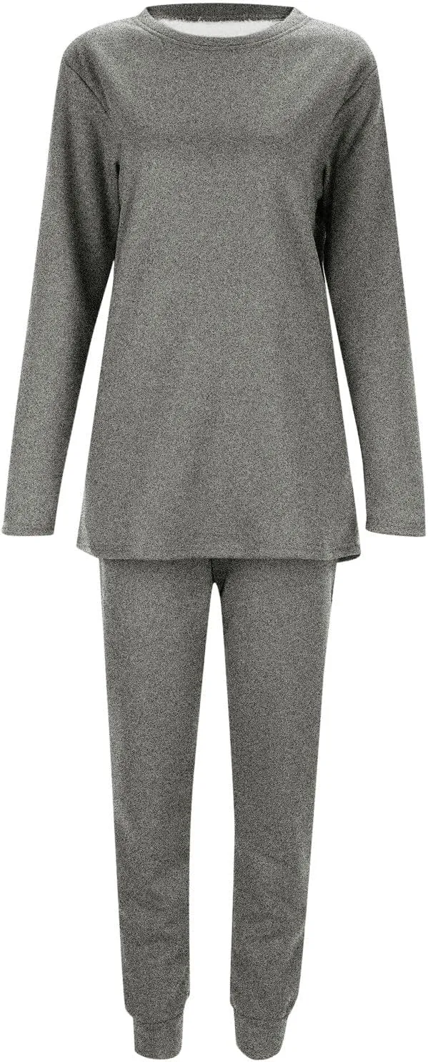 Women Warm Pajama Set Fleece Lined Long Sleeve Crewneck Sweatshirt Pullover Thicken High Waist Pants Loungewear