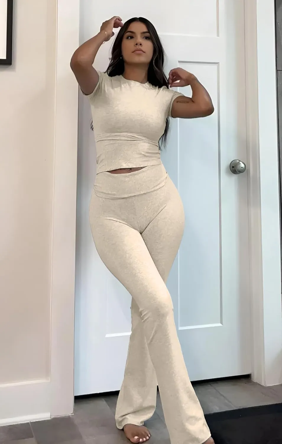 Women's 2 Piece Lounge Outfits Slim Short Sleeve Tops Low Rise Flare Leggings Sets Yoga Sweatsuit