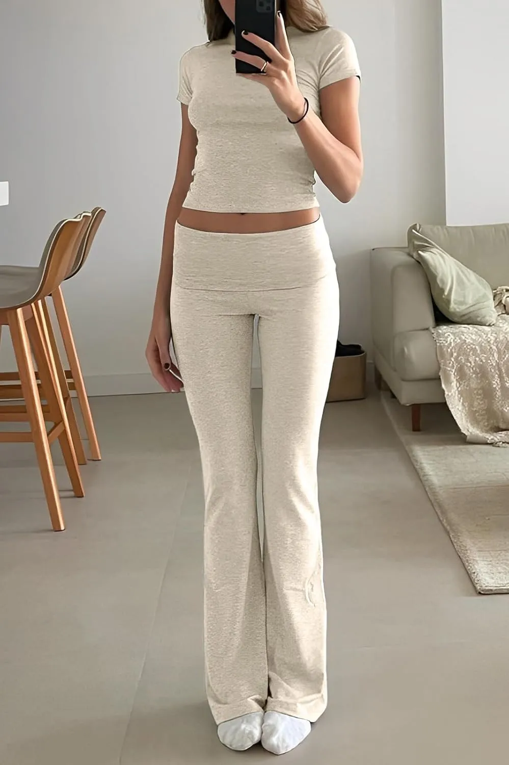 Women's 2 Piece Lounge Outfits Slim Short Sleeve Tops Low Rise Flare Leggings Sets Yoga Sweatsuit