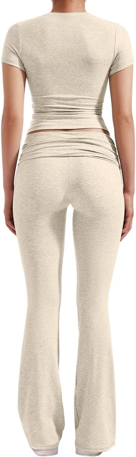 Women's 2 Piece Lounge Outfits Slim Short Sleeve Tops Low Rise Flare Leggings Sets Yoga Sweatsuit
