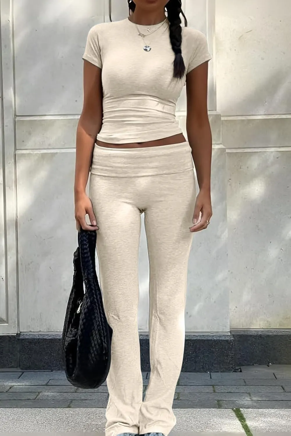 Women's 2 Piece Lounge Outfits Slim Short Sleeve Tops Low Rise Flare Leggings Sets Yoga Sweatsuit