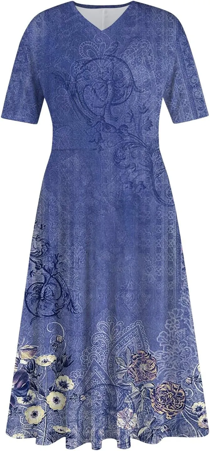 Women's 2025 Summer Casual Dresses Short Sleeve V Neck Flowy Loose Tiered Beach Swing Midi Dress