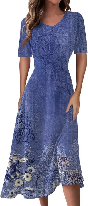 Women's 2025 Summer Casual Dresses Short Sleeve V Neck Flowy Loose Tiered Beach Swing Midi Dress