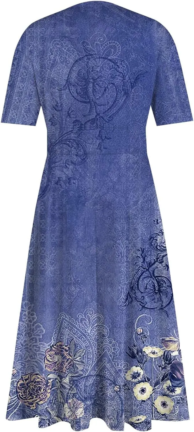 Women's 2025 Summer Casual Dresses Short Sleeve V Neck Flowy Loose Tiered Beach Swing Midi Dress