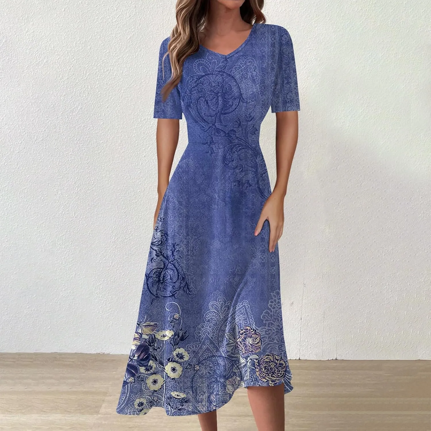 Women's 2025 Summer Casual Dresses Short Sleeve V Neck Flowy Loose Tiered Beach Swing Midi Dress