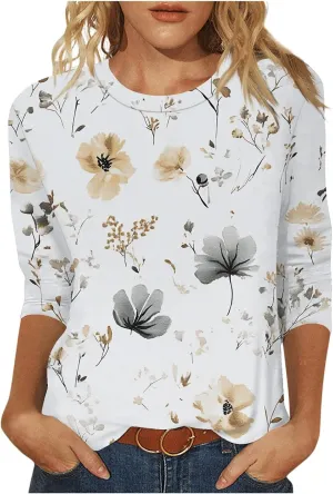 Women's 3/4 Length Sleeve Tops Casual Round Neck Tunic Shirts Spring Summer Basic Tees Loose Fit Business Work Blouse