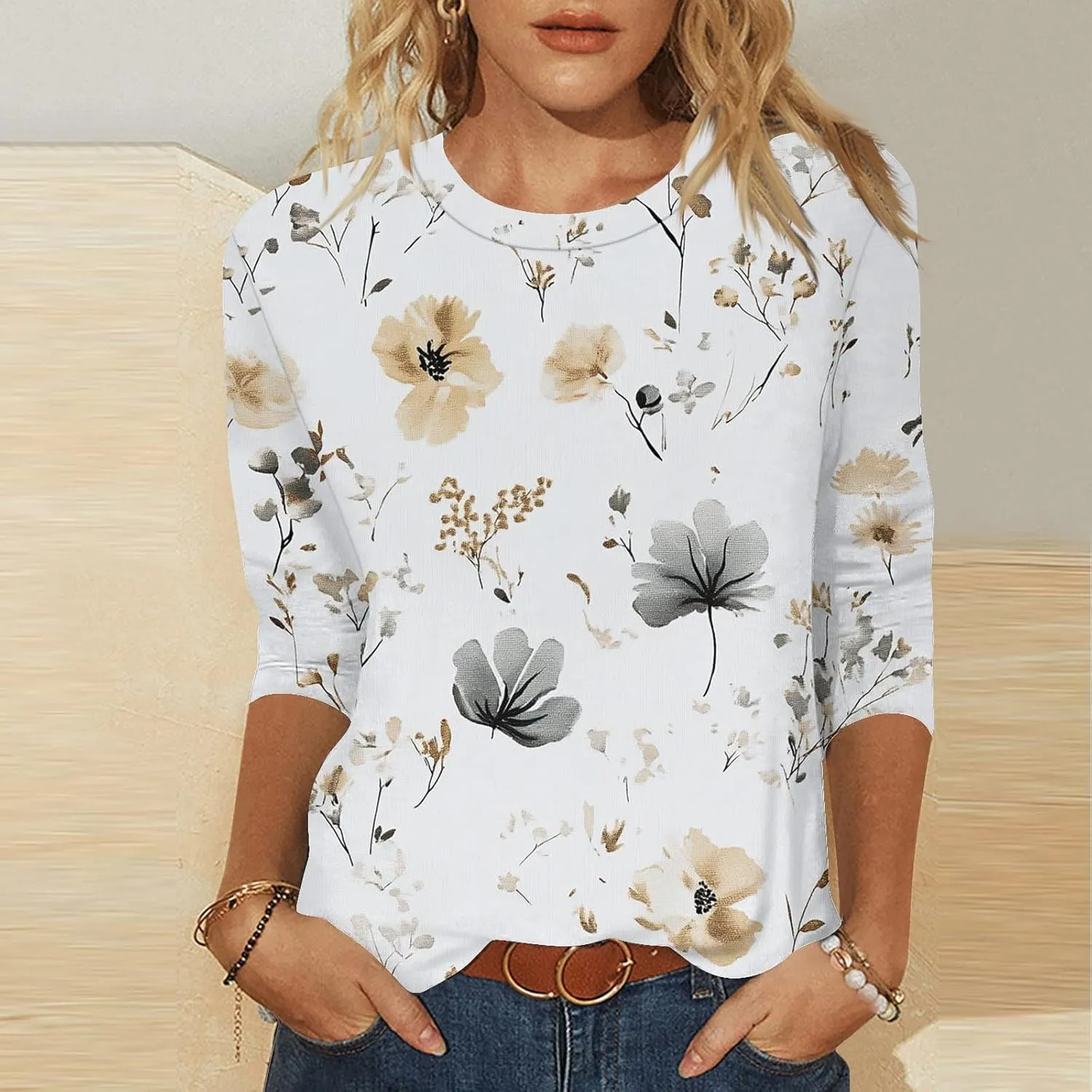 Women's 3/4 Length Sleeve Tops Casual Round Neck Tunic Shirts Spring Summer Basic Tees Loose Fit Business Work Blouse