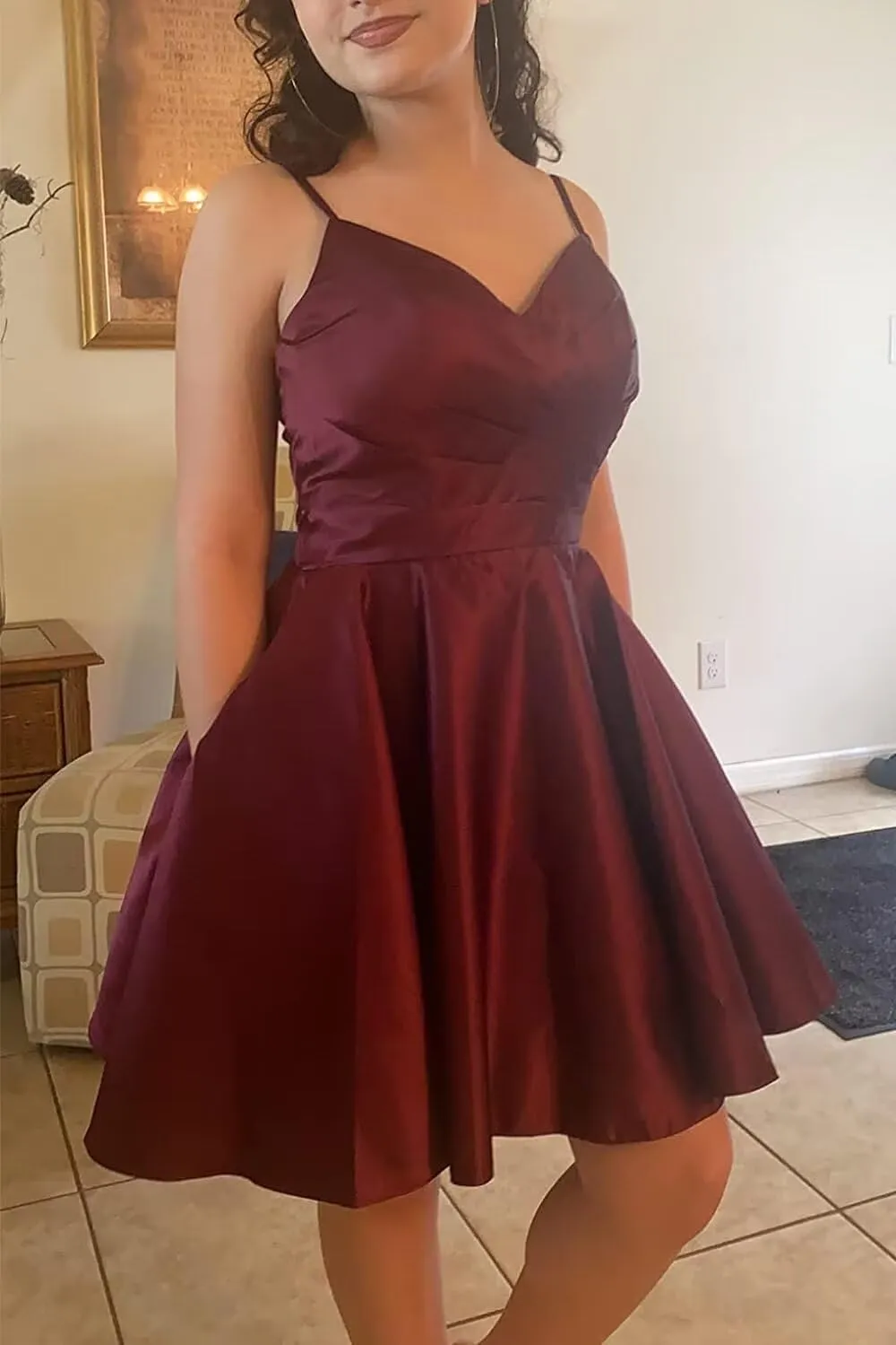Womens A-line Ruched Satin Short Prom Dress, Spaghetti V Neck Formal Evening Gowns Wedding Bridesmaid Dress