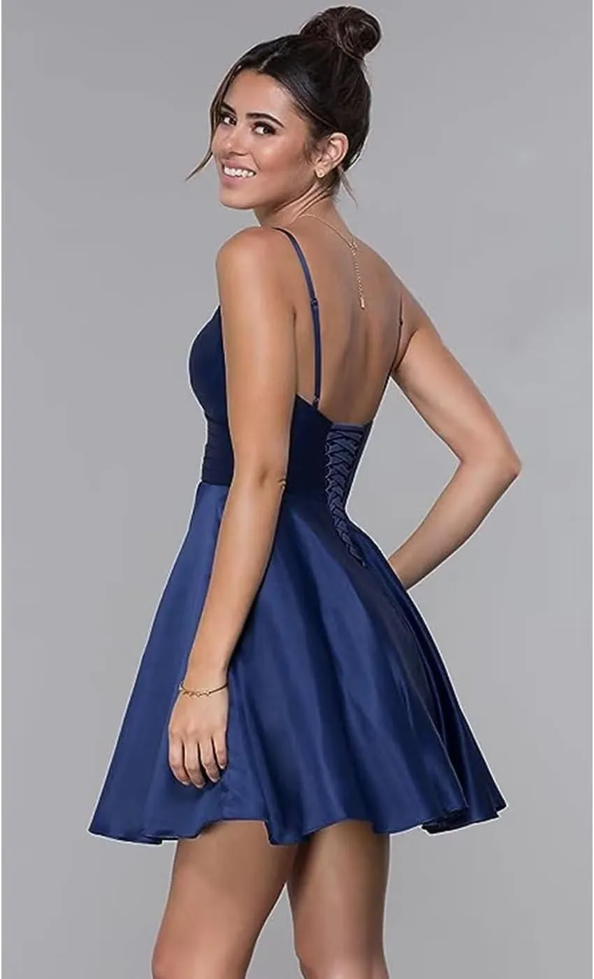 Womens A-line Ruched Satin Short Prom Dress, Spaghetti V Neck Formal Evening Gowns Wedding Bridesmaid Dress