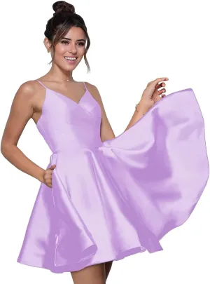 Womens A-line Ruched Satin Short Prom Dress, Spaghetti V Neck Formal Evening Gowns Wedding Bridesmaid Dress