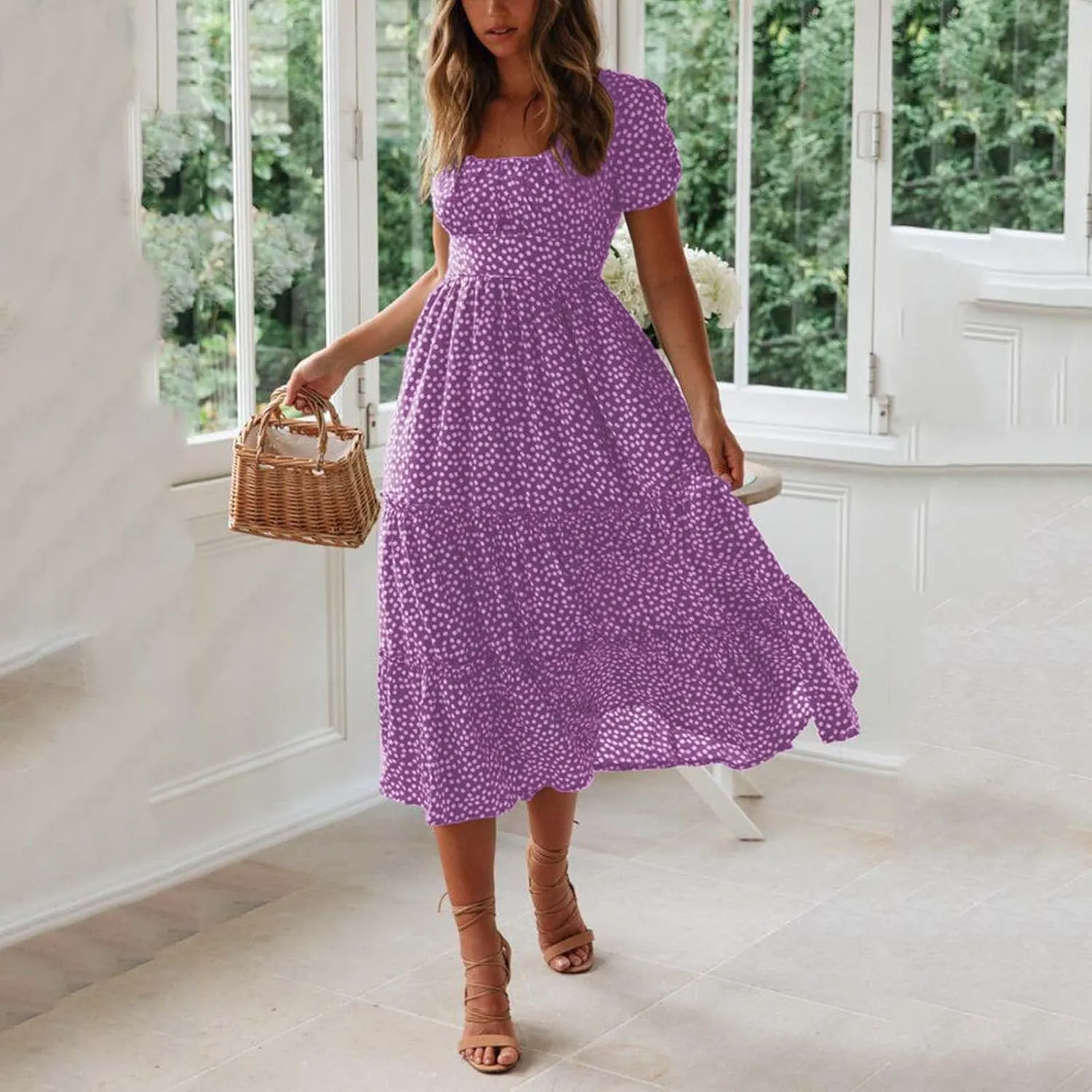 Womens Boho Floral Summer Dresses Square Neck Casual A-Line Swing Midi Dress Short Sleeve High Waist Flowy Dress
