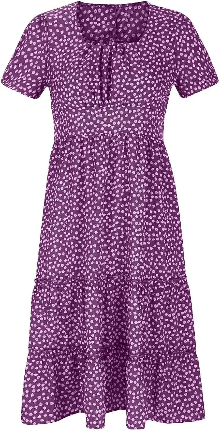 Womens Boho Floral Summer Dresses Square Neck Casual A-Line Swing Midi Dress Short Sleeve High Waist Flowy Dress