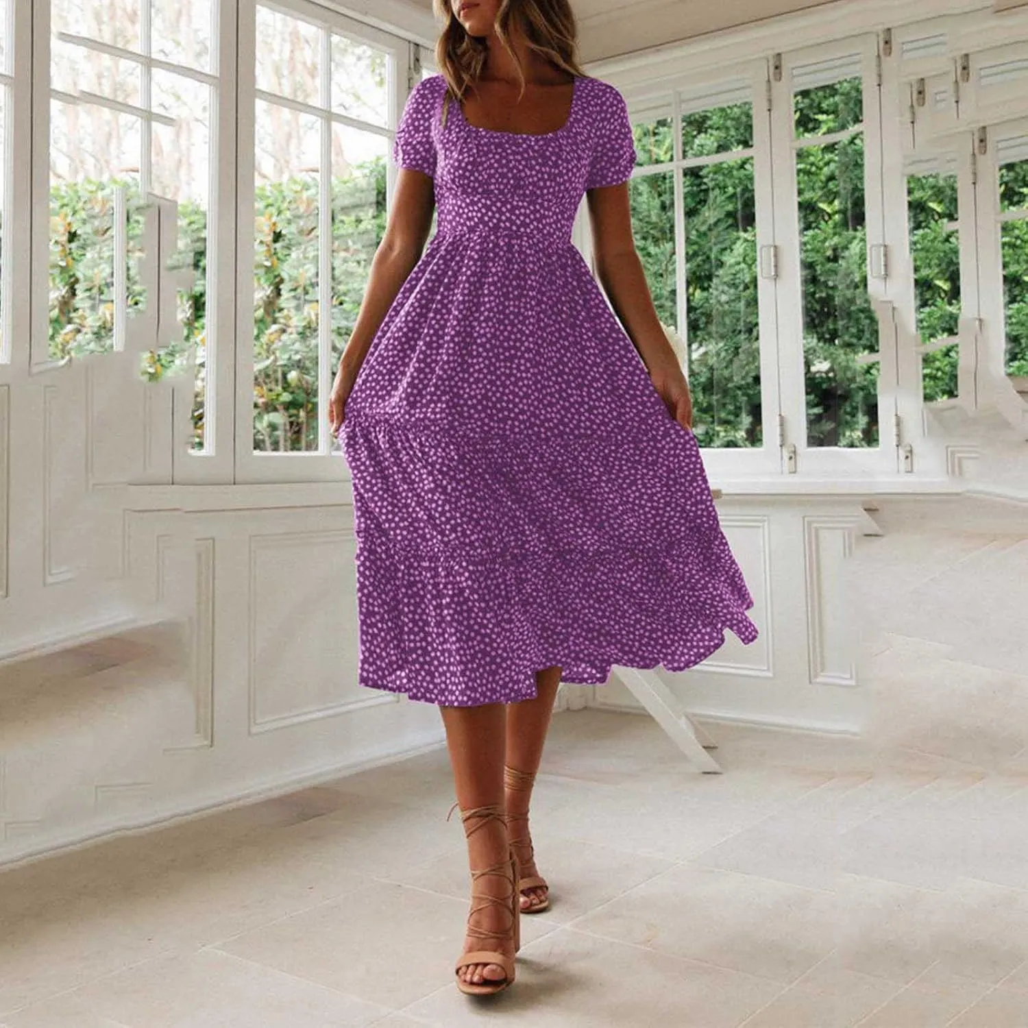 Womens Boho Floral Summer Dresses Square Neck Casual A-Line Swing Midi Dress Short Sleeve High Waist Flowy Dress