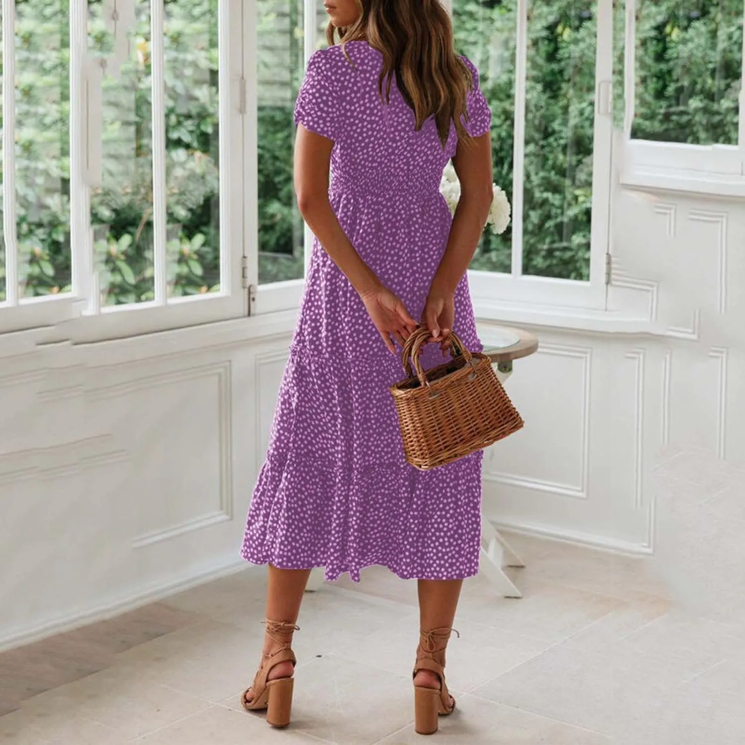 Womens Boho Floral Summer Dresses Square Neck Casual A-Line Swing Midi Dress Short Sleeve High Waist Flowy Dress