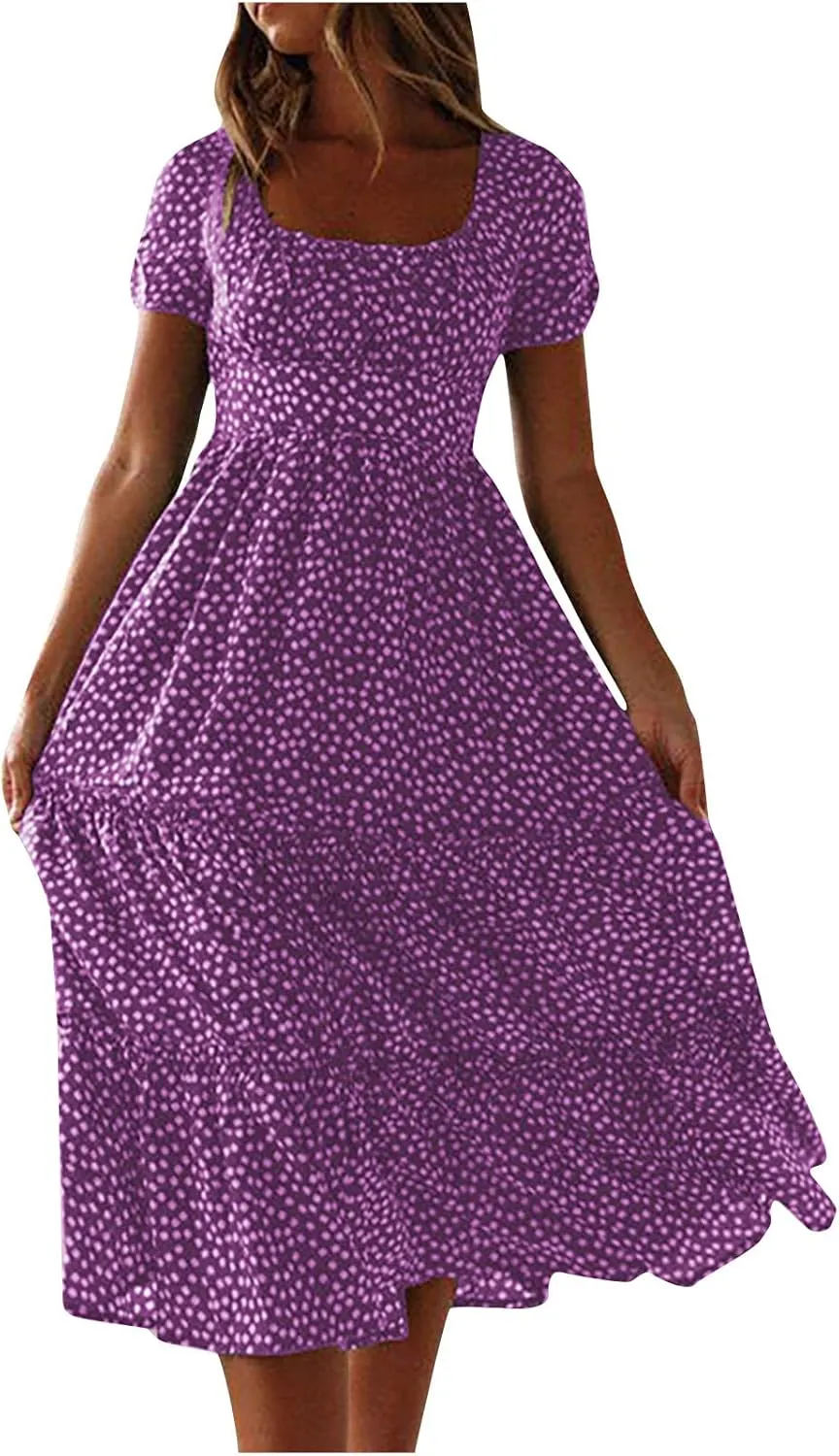Womens Boho Floral Summer Dresses Square Neck Casual A-Line Swing Midi Dress Short Sleeve High Waist Flowy Dress