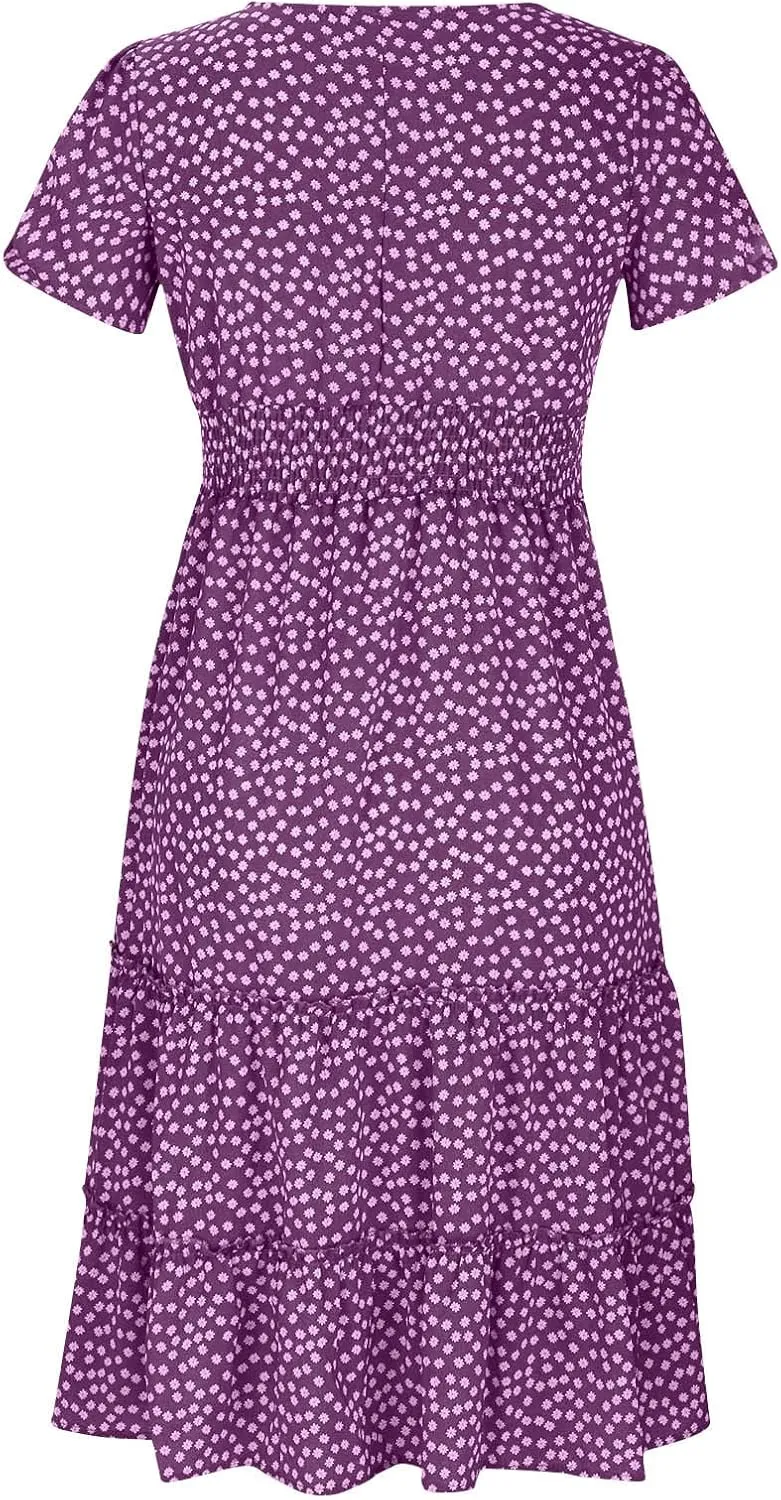 Womens Boho Floral Summer Dresses Square Neck Casual A-Line Swing Midi Dress Short Sleeve High Waist Flowy Dress
