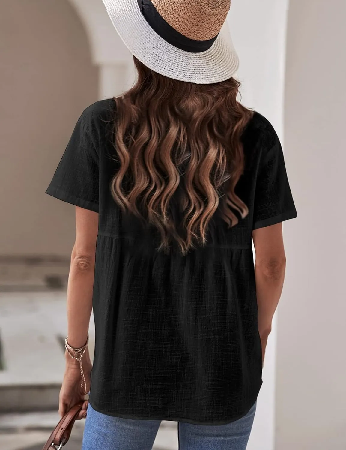 Womens Button Down Shirts Cotton Summer Tops V Neck Short Sleeve Shirt Collar Blouse Casual Plain Tshirt Work Tops