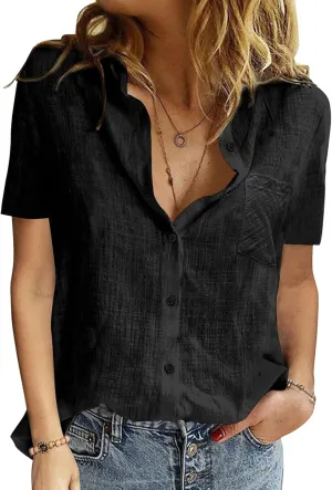 Womens Button Down Shirts Cotton Summer Tops V Neck Short Sleeve Shirt Collar Blouse Casual Plain Tshirt Work Tops