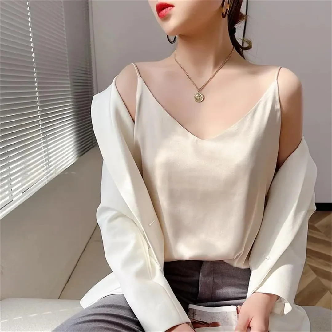 Women's Camisole Summer Real Silk Solid Color V-Neck Tank Top