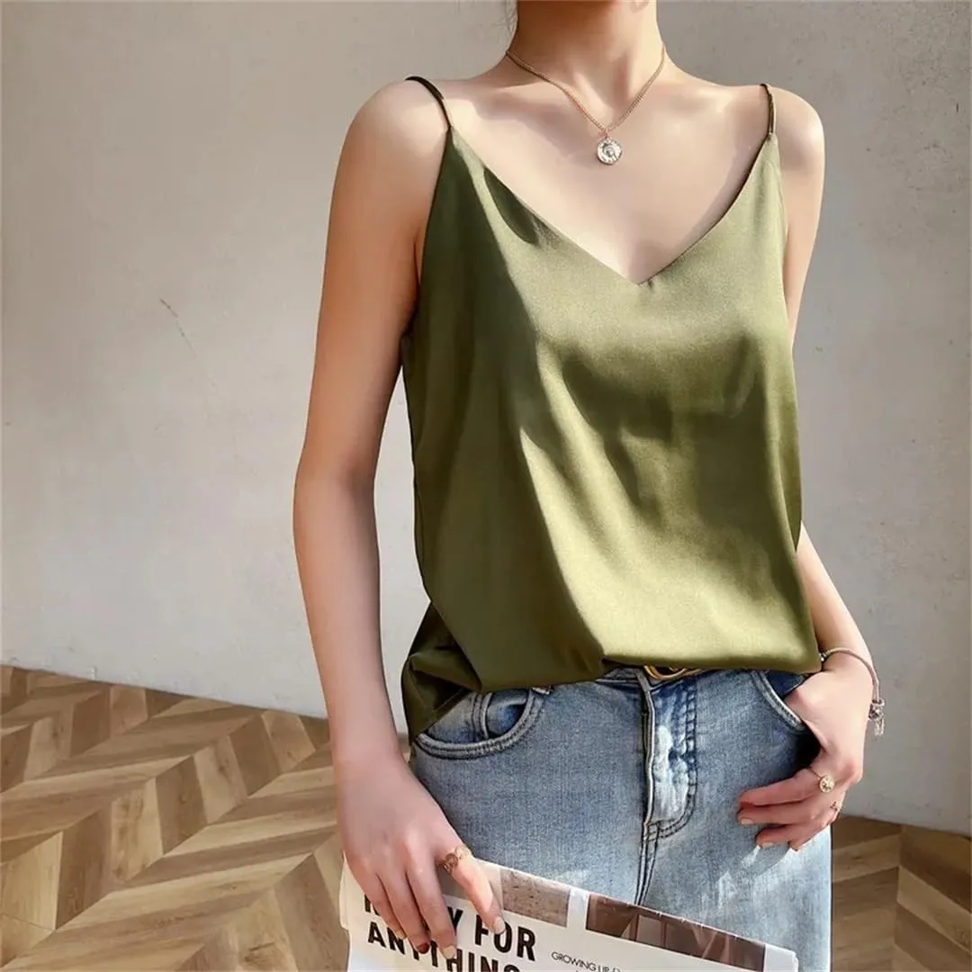 Women's Camisole Summer Real Silk Solid Color V-Neck Tank Top