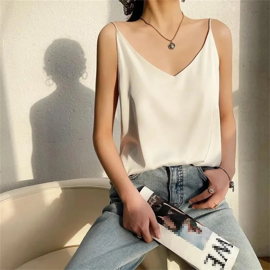 Women's Camisole Summer Real Silk Solid Color V-Neck Tank Top