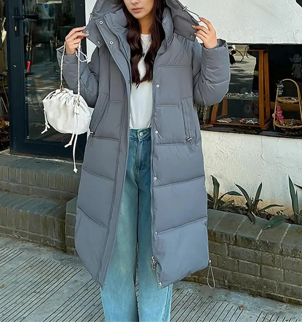 Women's Casual Hooded High Neck Parka Coat Vintage Long Over-The-Knee Cotton-Padded Jacket