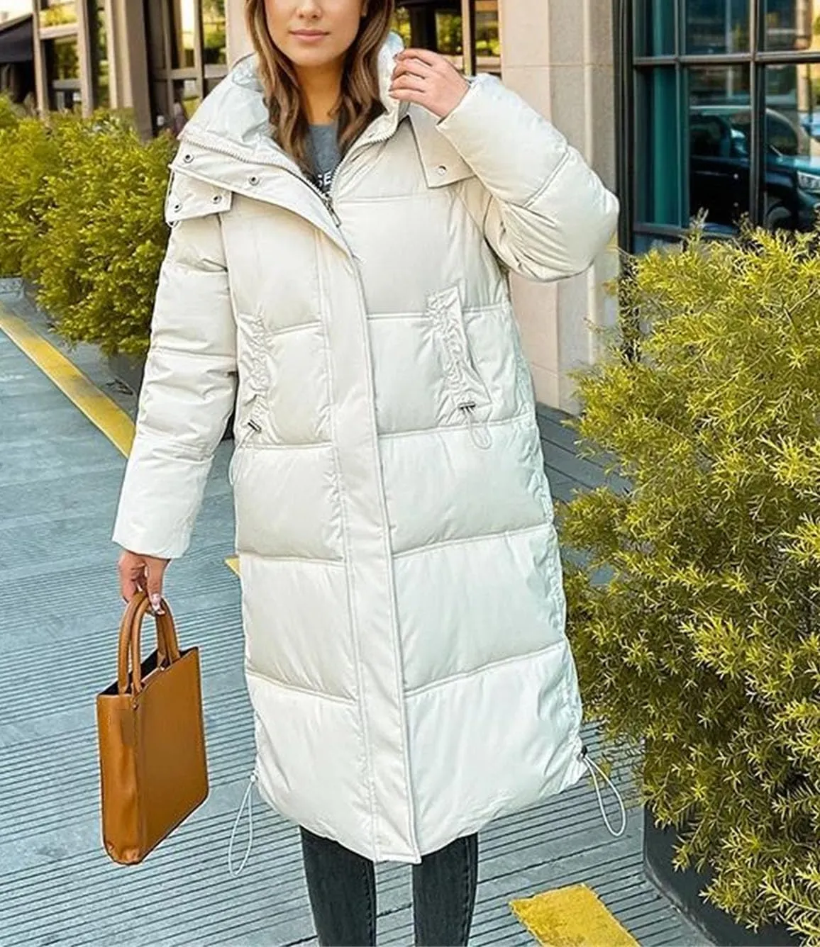 Women's Casual Hooded High Neck Parka Coat Vintage Long Over-The-Knee Cotton-Padded Jacket