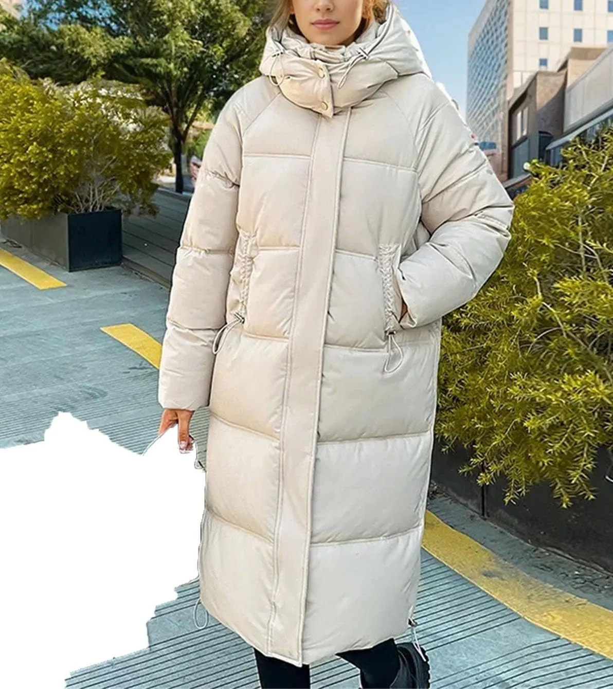 Women's Casual Hooded High Neck Parka Coat Vintage Long Over-The-Knee Cotton-Padded Jacket