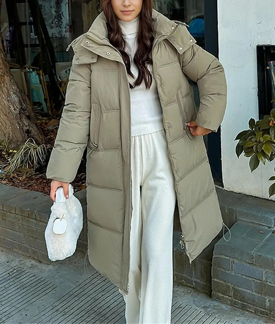 Women's Casual Hooded High Neck Parka Coat Vintage Long Over-The-Knee Cotton-Padded Jacket