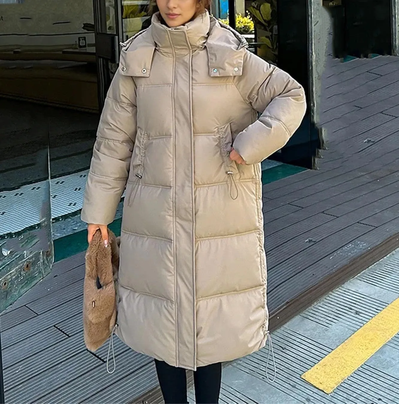 Women's Casual Hooded High Neck Parka Coat Vintage Long Over-The-Knee Cotton-Padded Jacket
