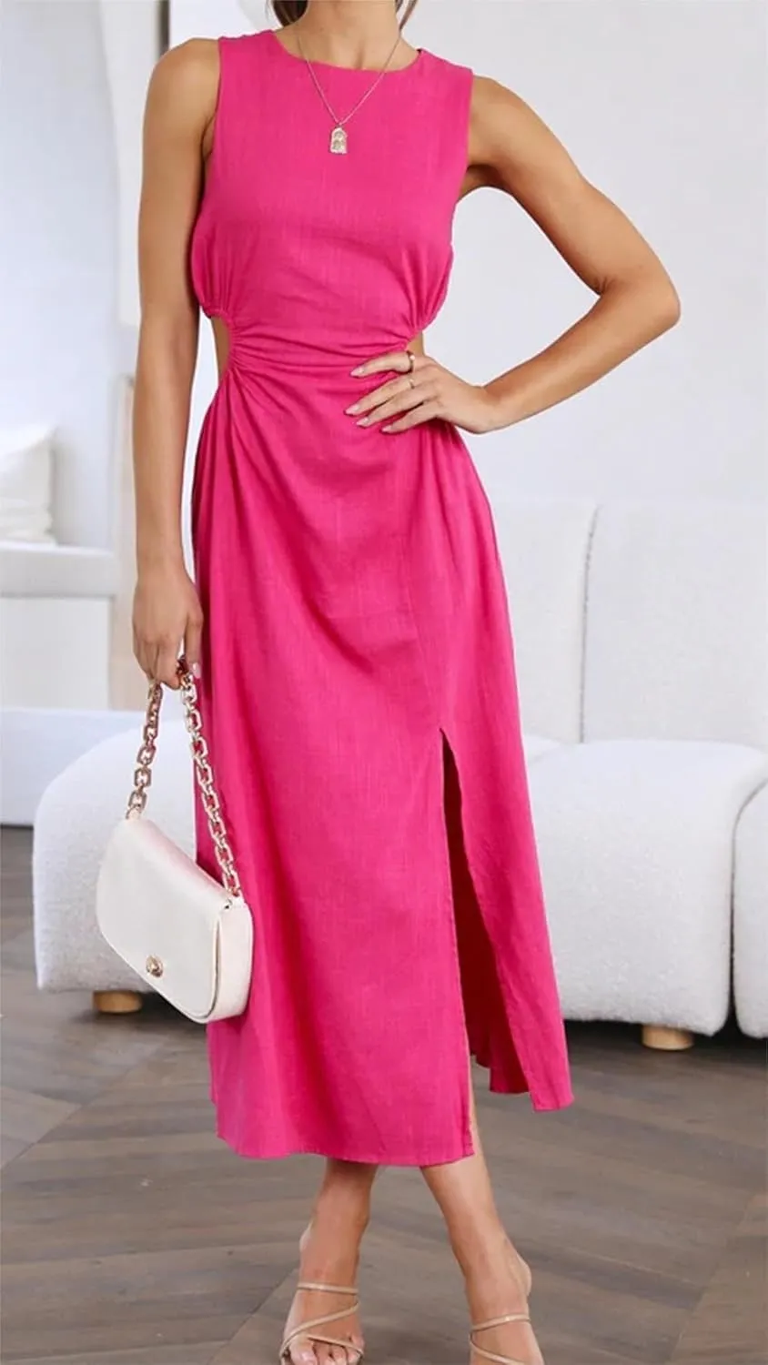 Womens Crew Neck Sleeveless Midi Dress Summer Cut Out Twist Split Hem Long Dress Elegant Solid Sweet Fashion Dresses