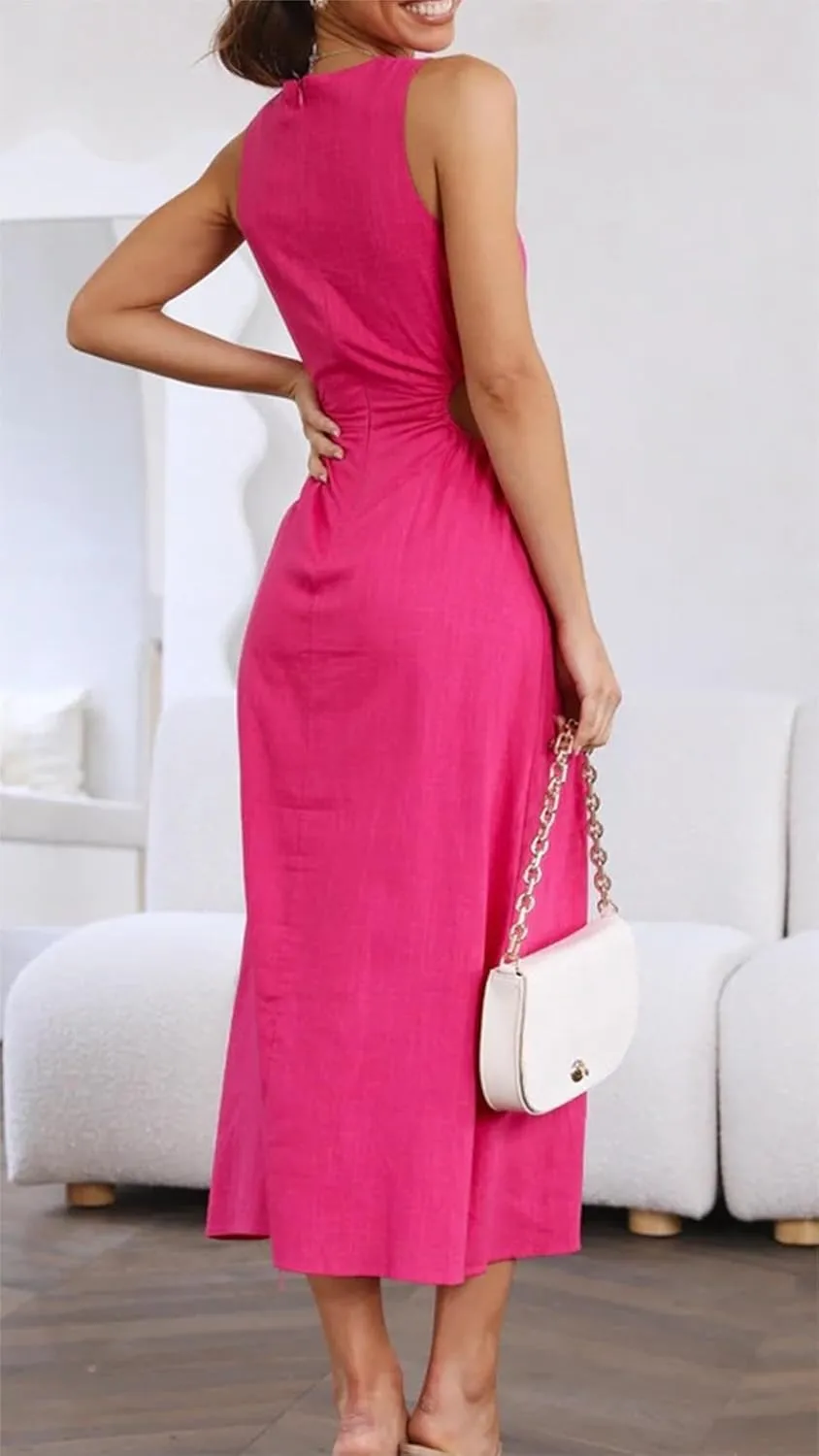 Womens Crew Neck Sleeveless Midi Dress Summer Cut Out Twist Split Hem Long Dress Elegant Solid Sweet Fashion Dresses