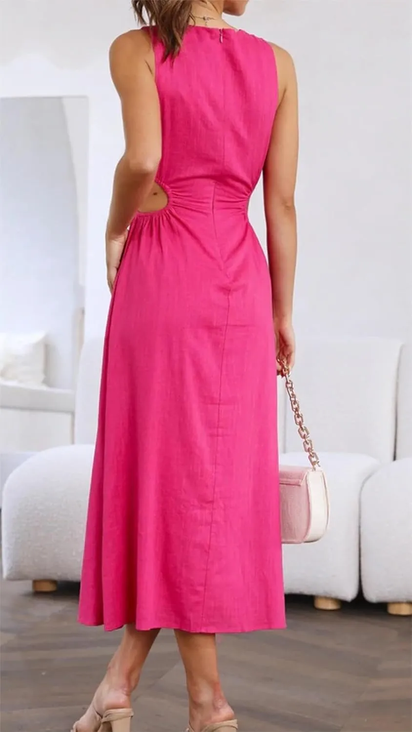 Womens Crew Neck Sleeveless Midi Dress Summer Cut Out Twist Split Hem Long Dress Elegant Solid Sweet Fashion Dresses